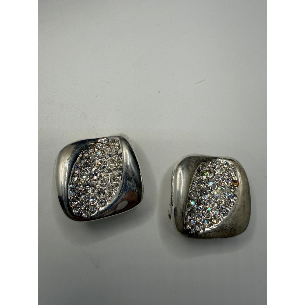 Vintage Silver Tone Pave Rhinestone Square Clip On Earrings Statement Jewelry‎